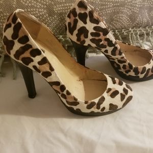 NYLA calf hair white leopard heels 10